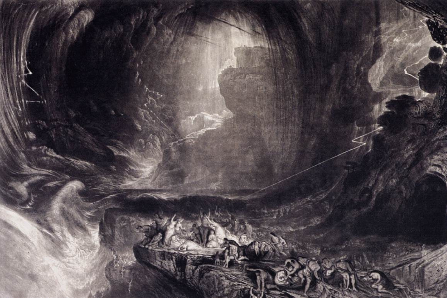 Le Déluge, peinture de John Martin 1834 — représentation romantique du mythe universel du Déluge, commun aux traditions sumérienne, babylonienne et biblique