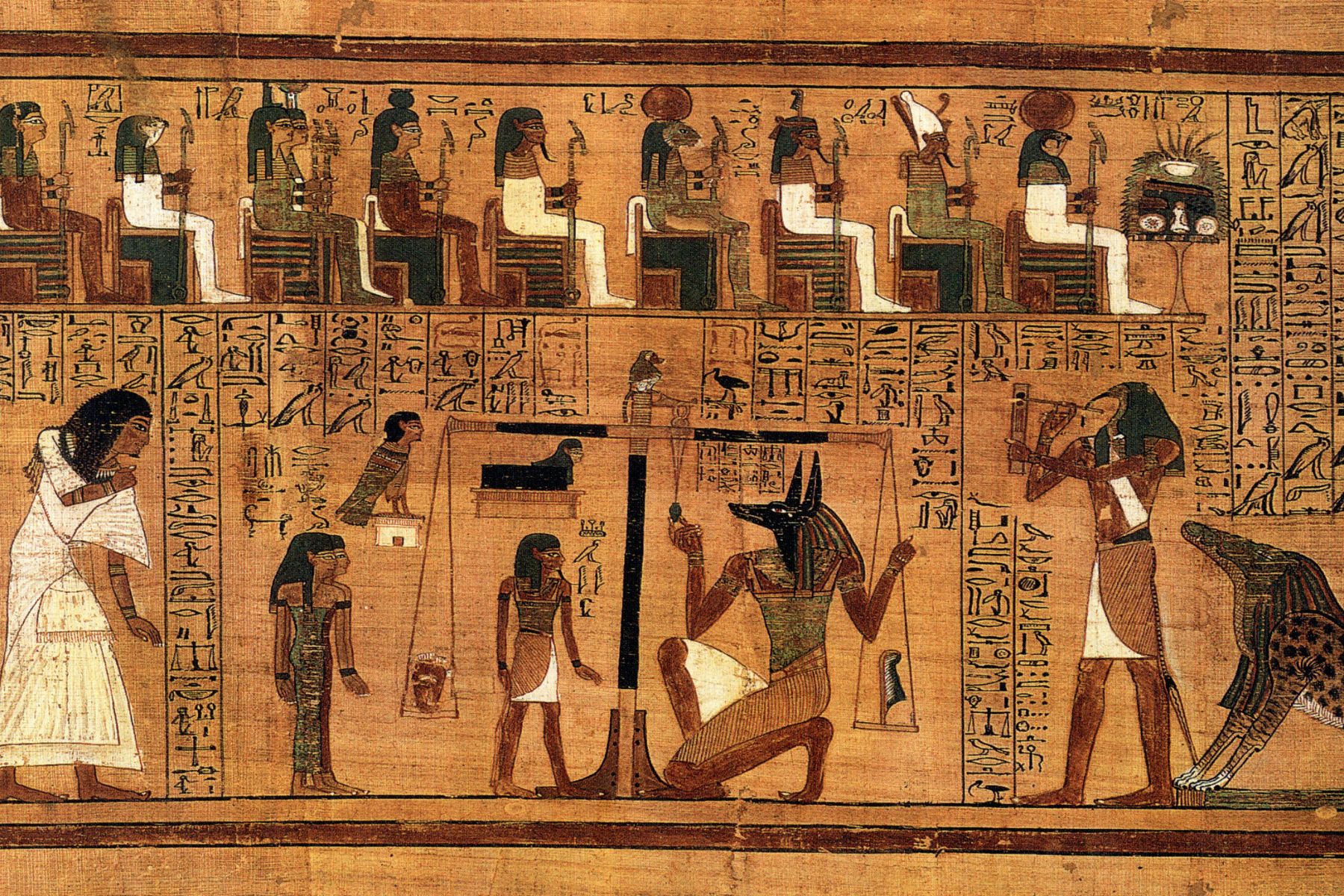 Pesée du cœur devant Osiris, Papyrus d'Ani, -1275 av. J.-C. — le cœur du défunt pesé contre la plume de Maât, scène centrale du Livre des Morts égyptien