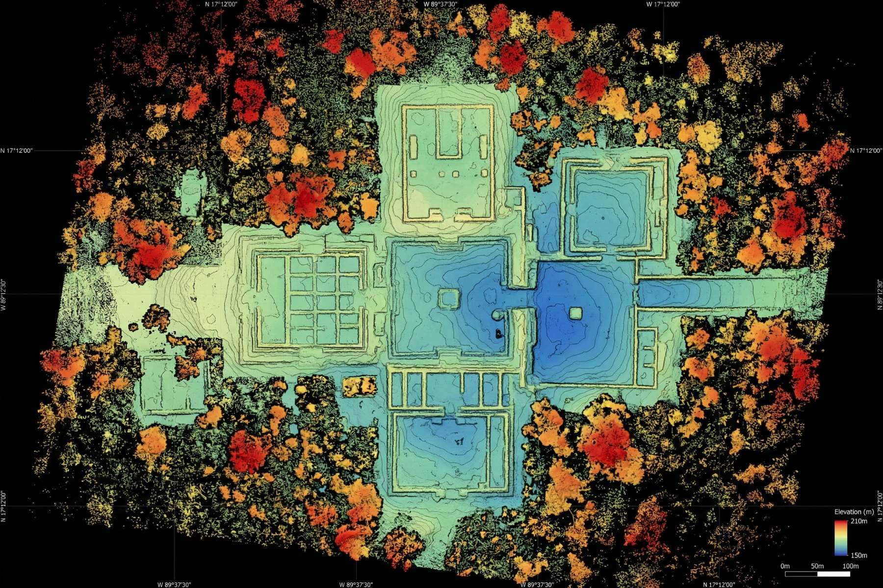 Relevé LIDAR révélant des structures archéologiques enfouies sous la végétation — technologie laser aéroportée au service de l'archéologie et de la connaissance des civilisations anciennes